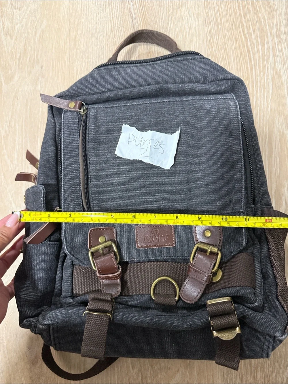 Canvas Daypack Backpack in Charcoal with Brown Leather Trim